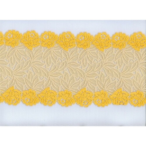 S978: Elastische Spitze, elastisch, Pastellgelb-Sonnengold, florales Muster, 15cm breit