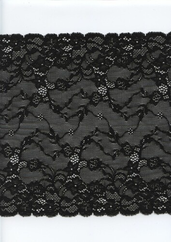 S02_1093: Elastische Spitze, schwarz, florales Muster, 22,5cm breit